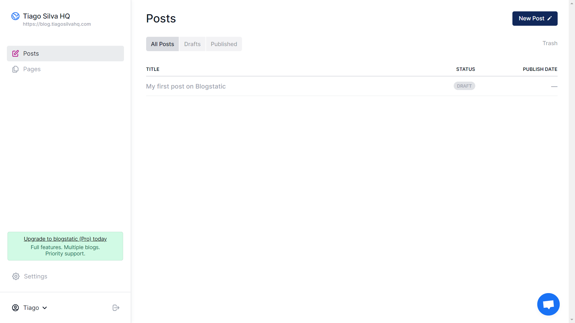 Clean dashboard without clutter common on other tools. On the left sidebar, you have posts, pages, settings, and author profiles.