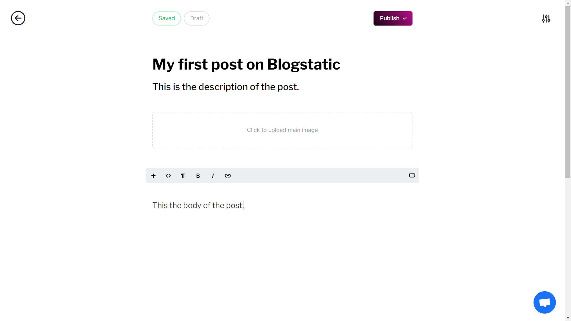 blogstatic's post editor has a clean interface.