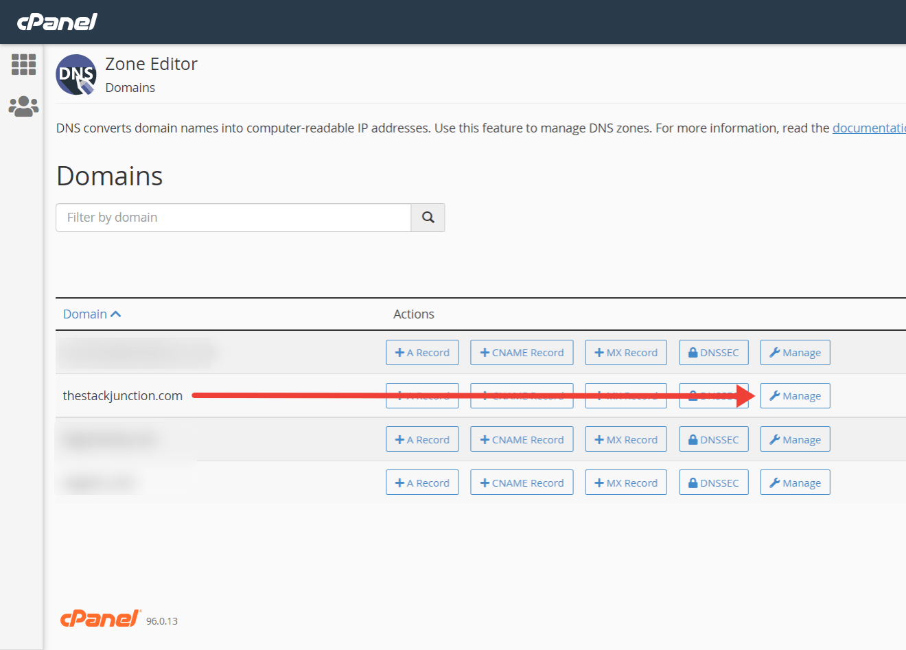 Click on "Manage" to change the DNS settings of your domain on cPanel.