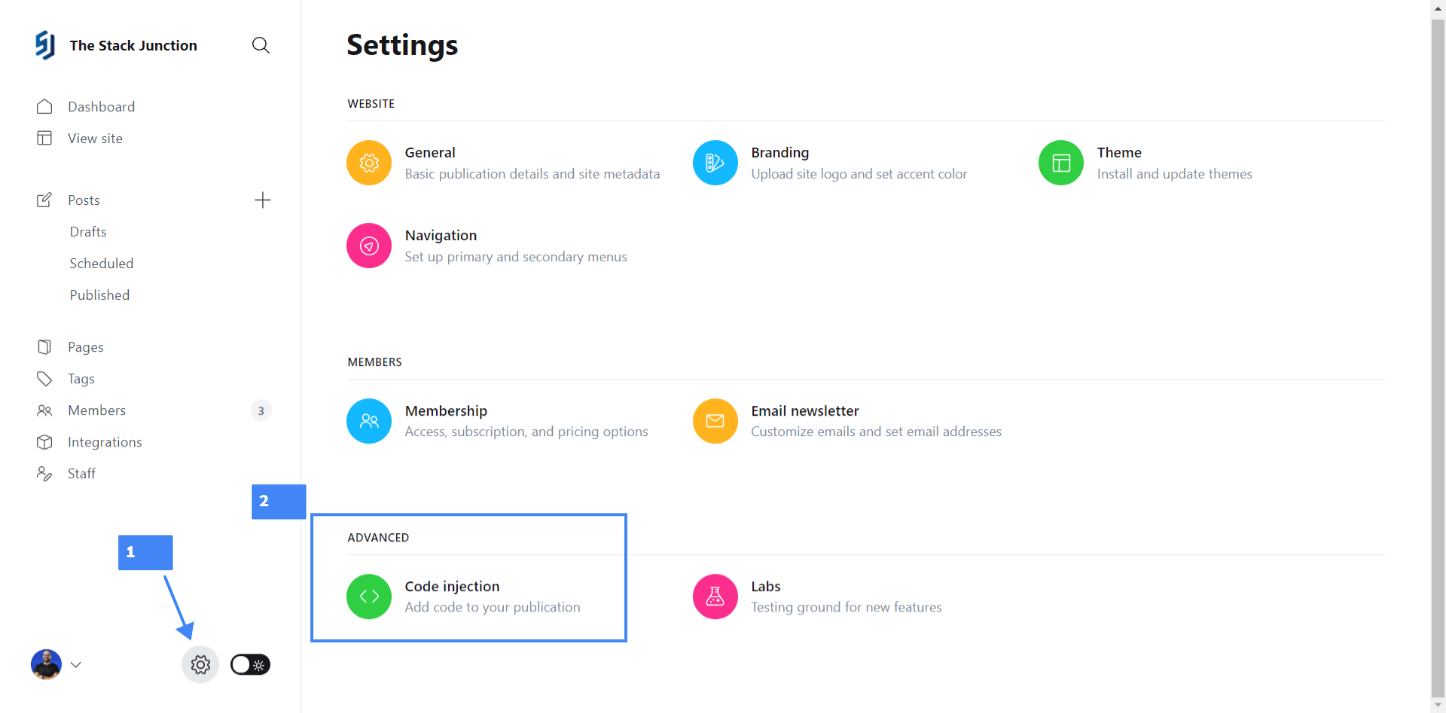 Ghost CMS dashboard. The path for code injection.