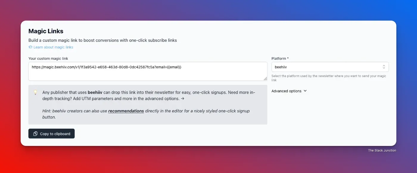 Magic links page on beehiiv dashboard.