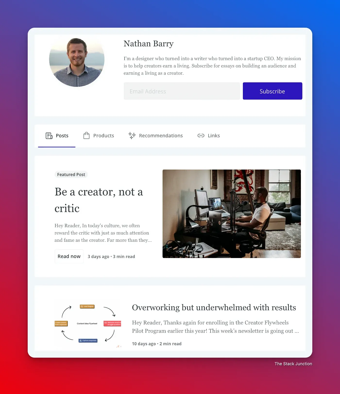 A screenshot of Nathan Barry's creator profile on ConverKit.