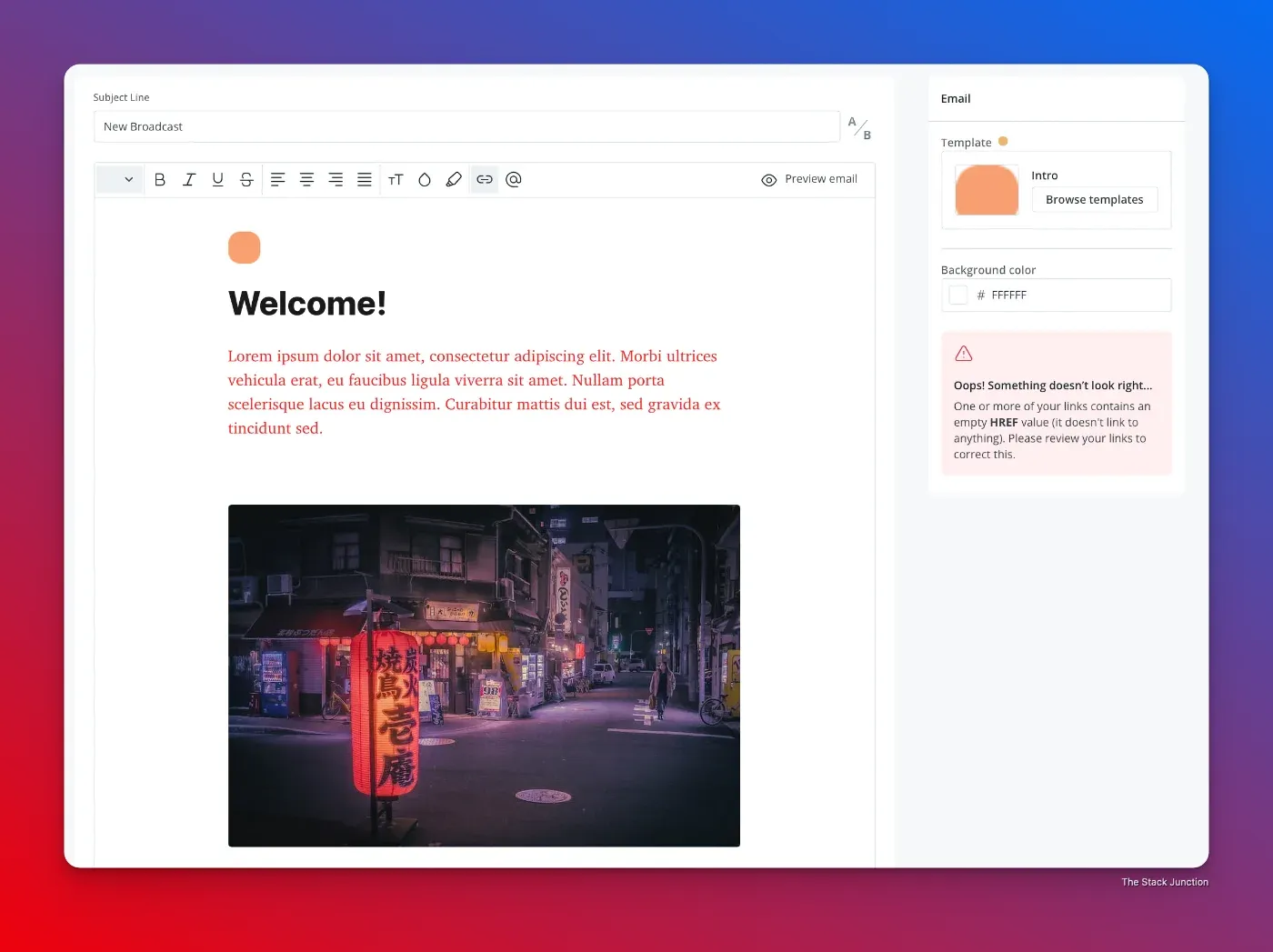 ConvertKit text editor showing the left hand side with the contents of the newsletter and on the right-hand side the styling options for the content.