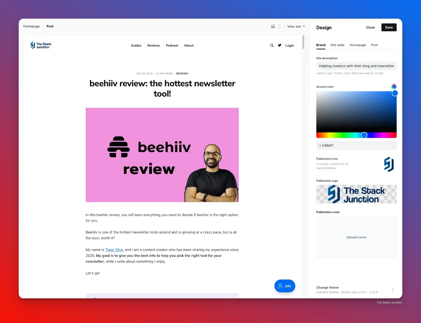 The customization dashboard of Ghost CMS features, with design options on the right.