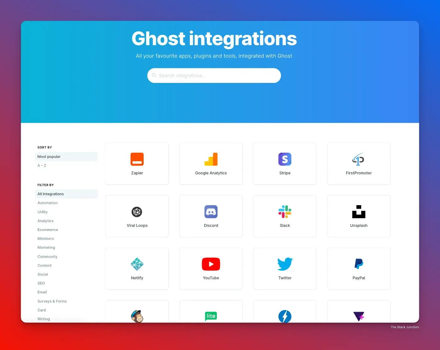 A page displaying a list of Ghost CMS integrations for enhancing a website's functionality.