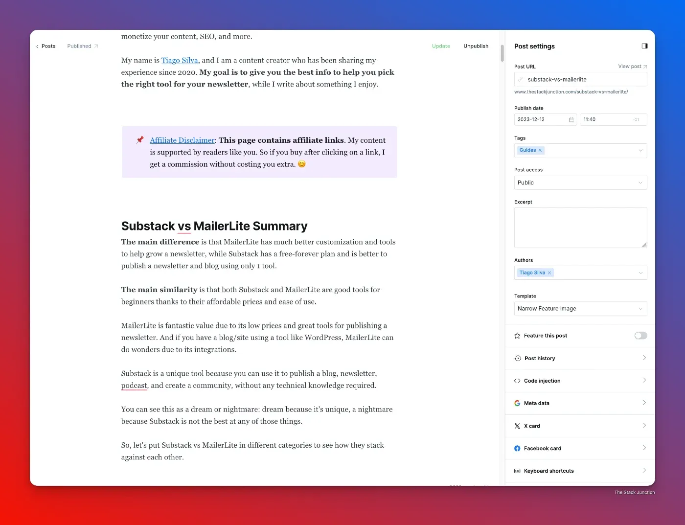 Ghost CMS text editor interface displays an article with post settings on the right side like URL, tags, and custom code.