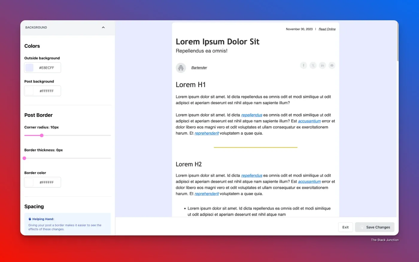 Beehiiv newsletter customization interface with options to change the background colors, post background, post border with corner radius and thickness, and spacing. A preview of the newsletter is shown with the applied settings.