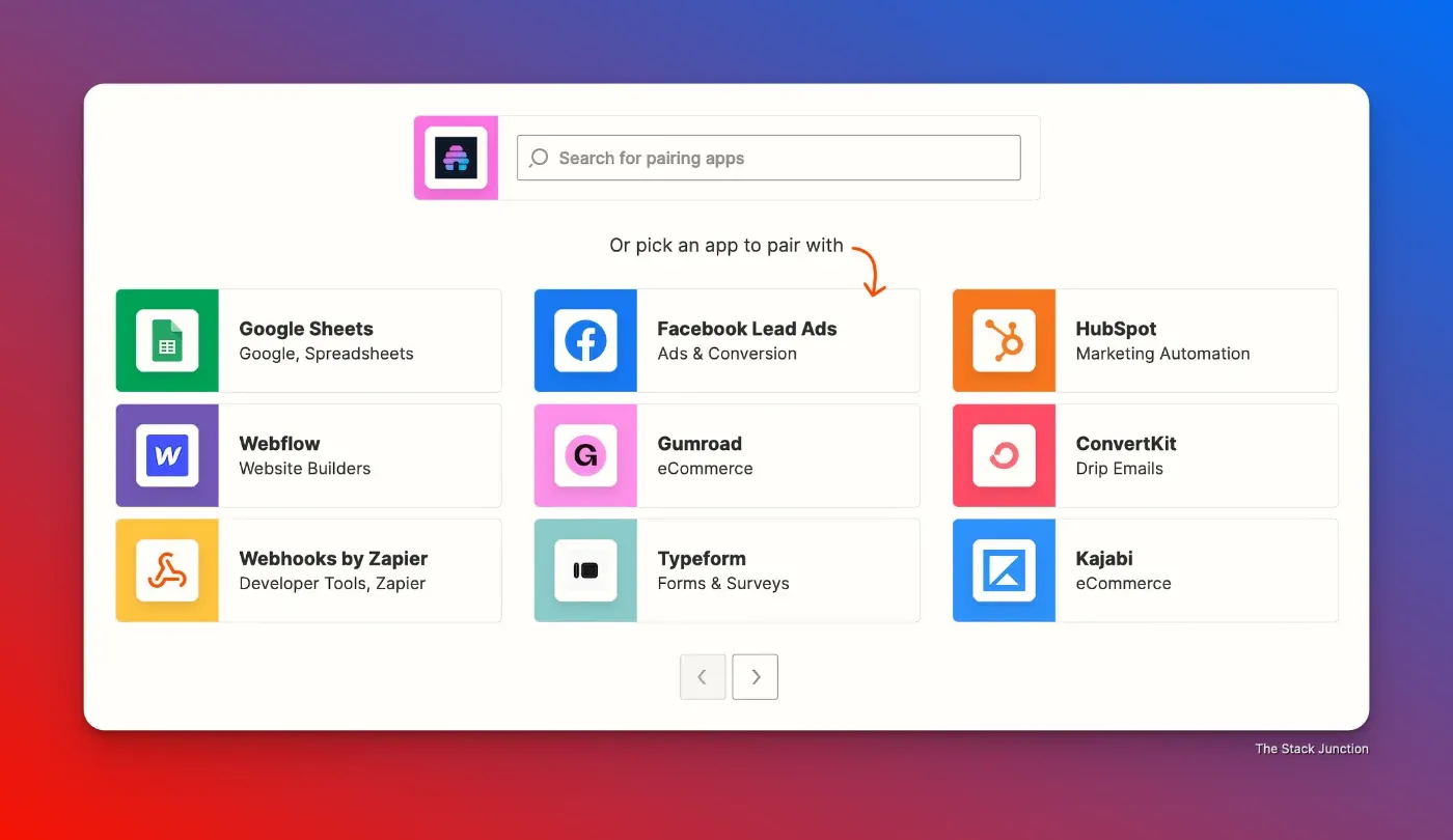 Beehiiv integration options using Zapier showing various apps to pair with, including Google Sheets, Facebook Lead Ads, Webflow, Gumroad, Typeform, HubSpot, ConvertKit, Webhooks by Zapier, and Kajabi, categorized under spreadsheets, ads, website builders, eCommerce, forms, marketing automation, and developer tools.