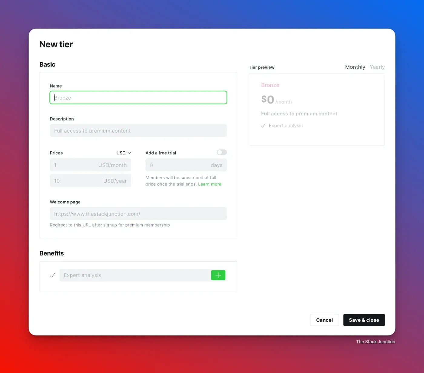 Interface for creating a new membership tier on Ghost, with options for pricing, a free trial, and benefits.
