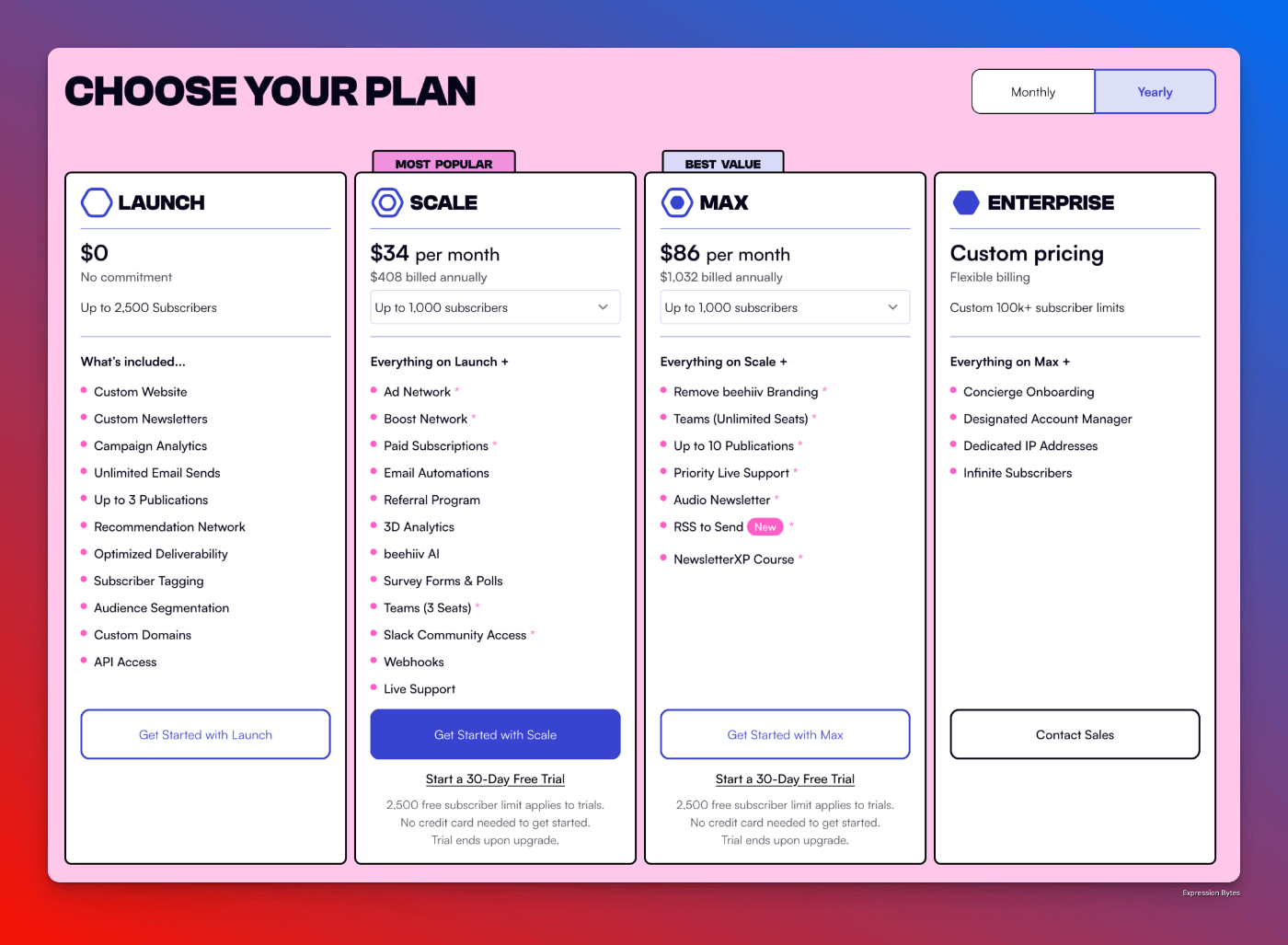 Pricing page on beehiiv's website.