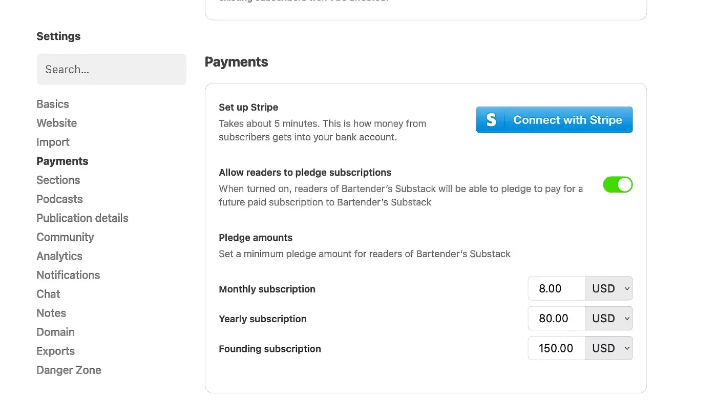 Substack monetization settings page showing Stripe setup, subscription pledges, and monthly, yearly, founding subscription pricing options.