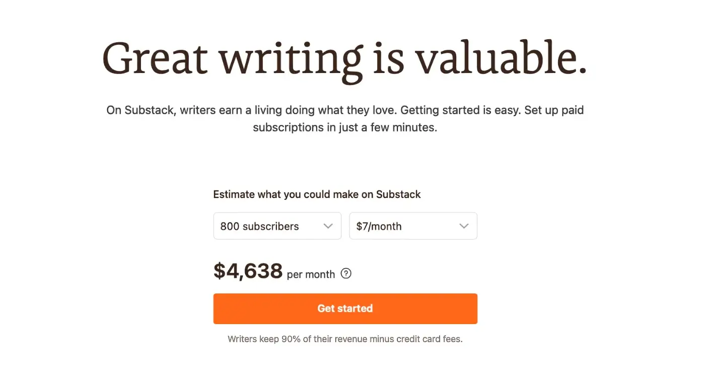 Substack pricing page showing potential earnings for writers based on subscribers and subscription rates, highlighting a 90% revenue share.