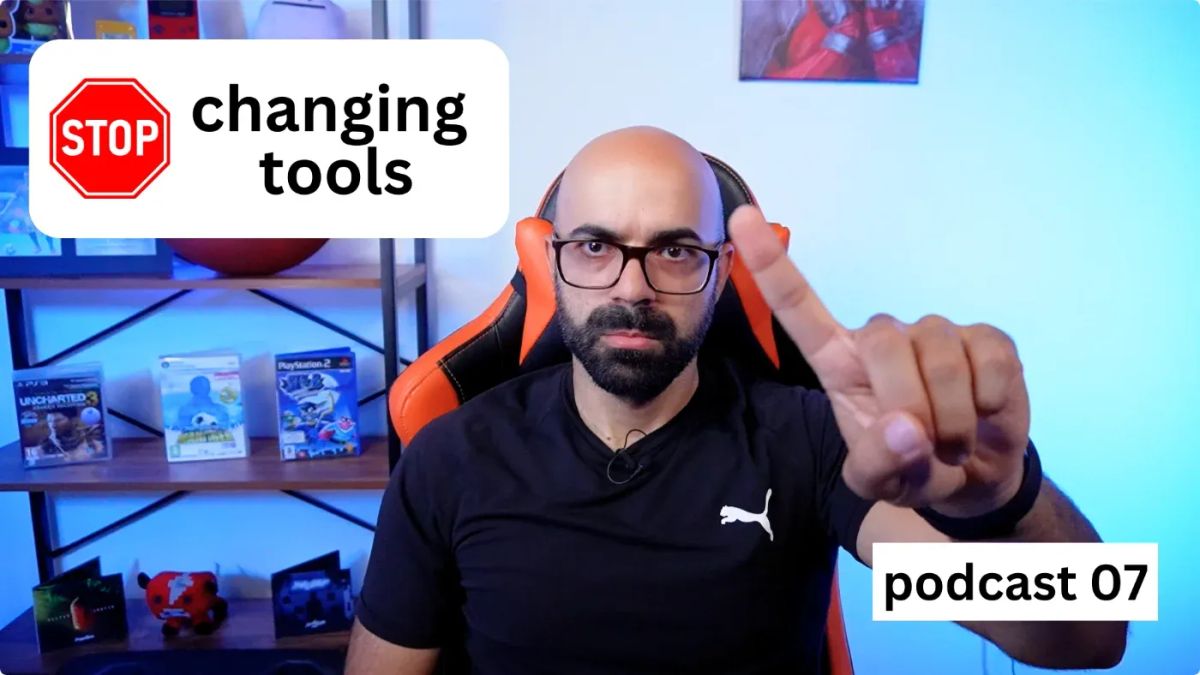 Tiago holding his finger in the air with air of disaprovement for creators frequently changing tools just because.