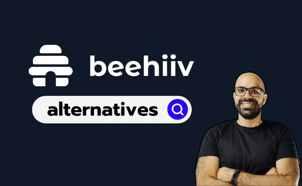 The beehiiv logo and the word "alternative", and Tiago smiling with arms crossed on the right, in a dark background.