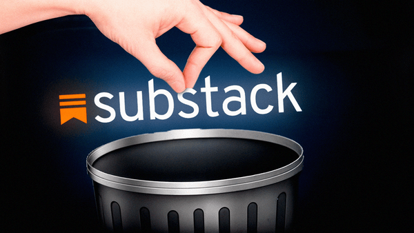A hand grabbing the Substack logo over a trash can.