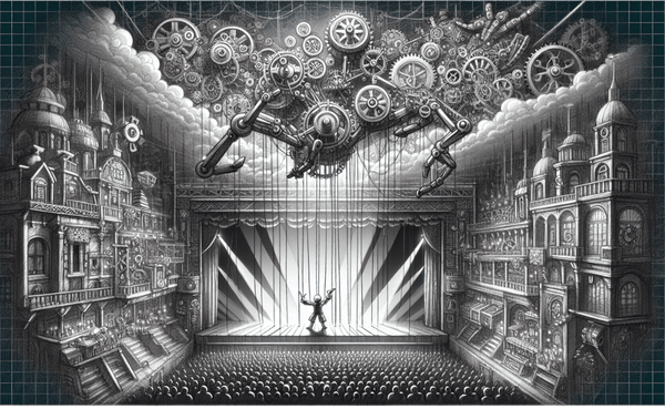 Puppet controled by mechanical gears above performing on a stage before large audience.