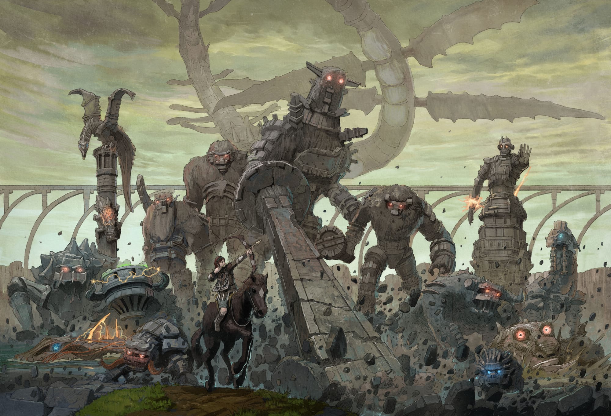 An original illustration shows all 16 colossi from Shadow of the Colossus.