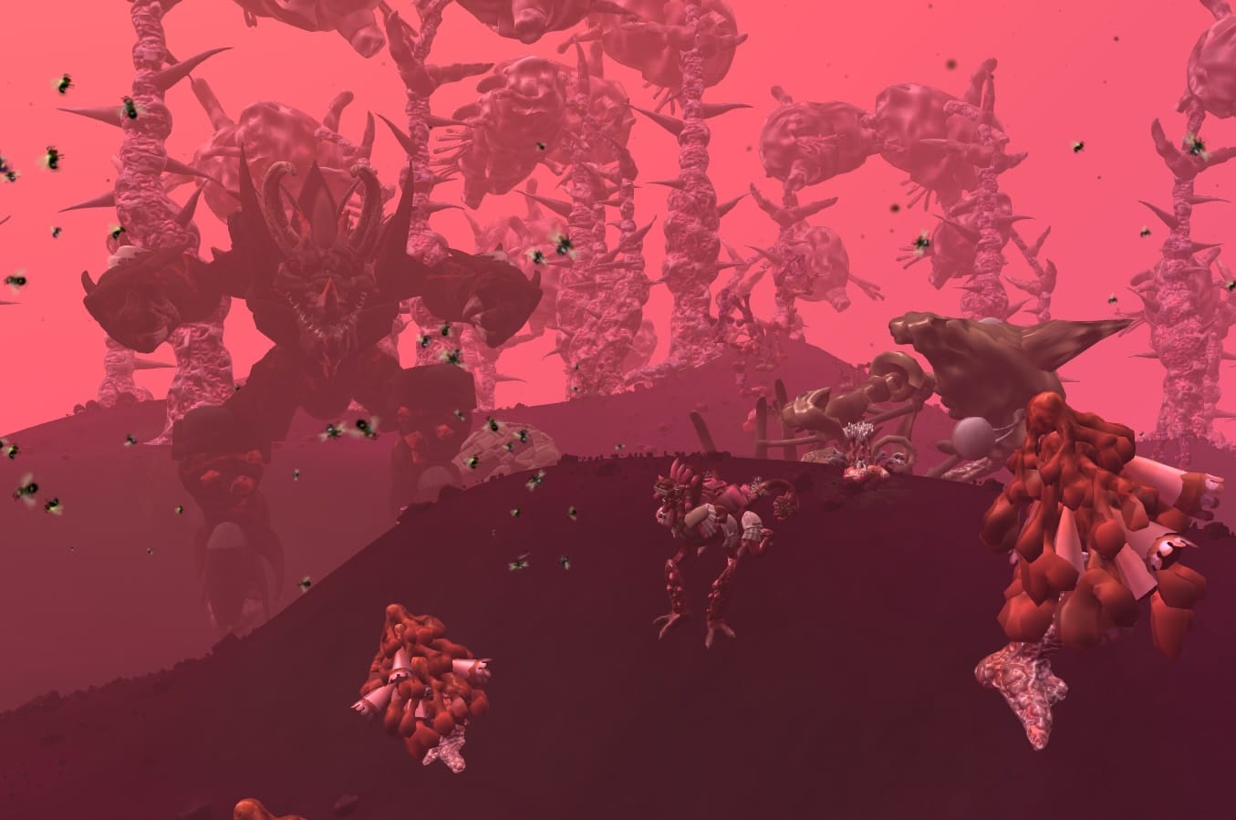 A Spore mod screenshot shows the player in a red and pink environment.