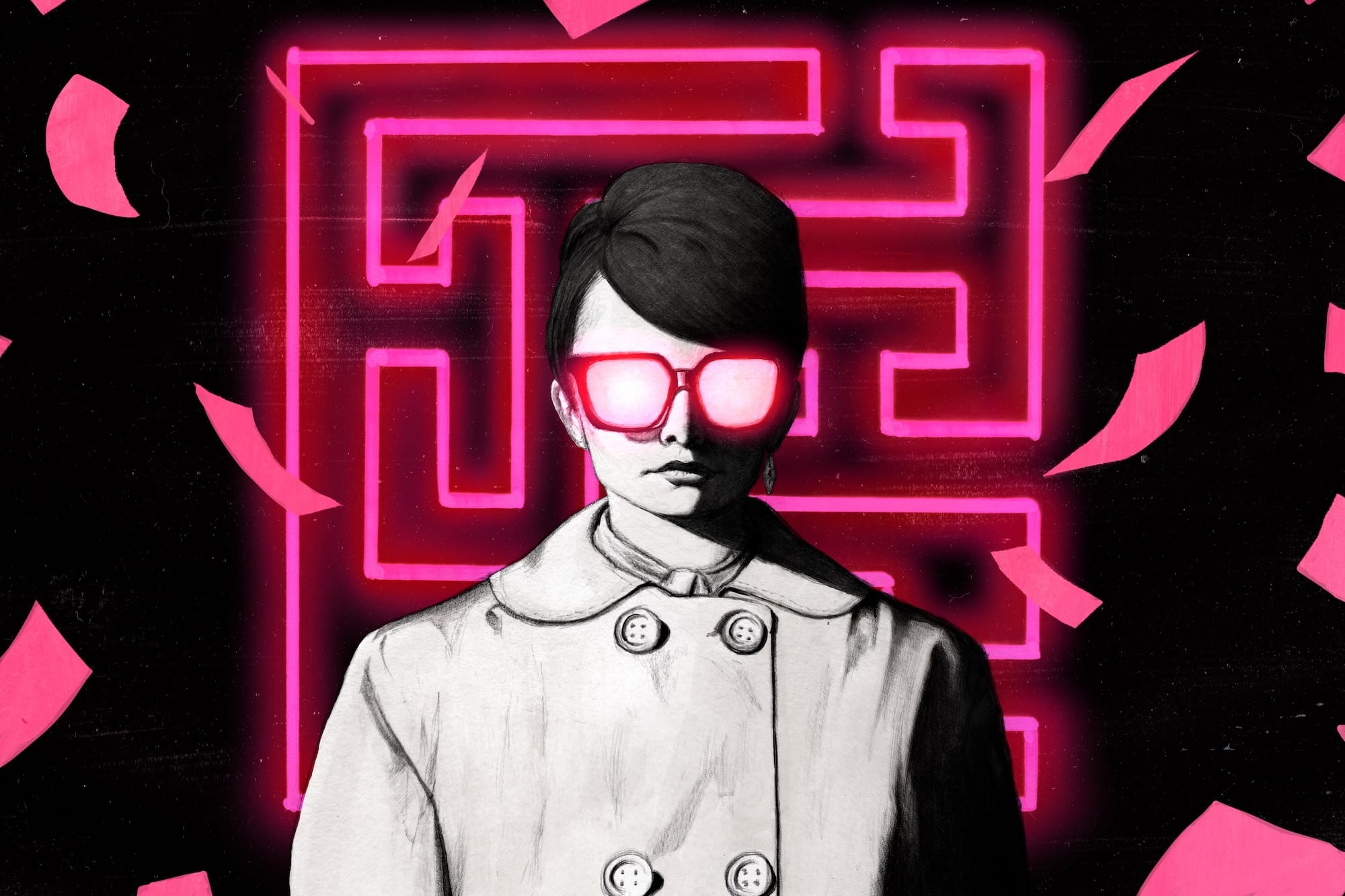 An original illustration shows the main character from Lorelei and the Laser Eyes surrounded by notes falling from the sky.