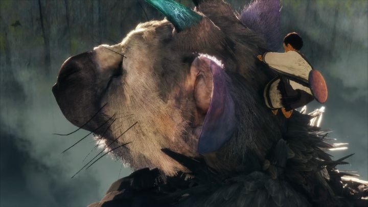 A screenshot from The Last Guardian shows the main character climbing on the back of Trico's head.