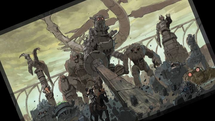 A sketch for Takeshi Oga's Shadow of the Colossus artwork shows 16 colossi in the background while main character Wanda and horse companion Agro race forward in the foreground.