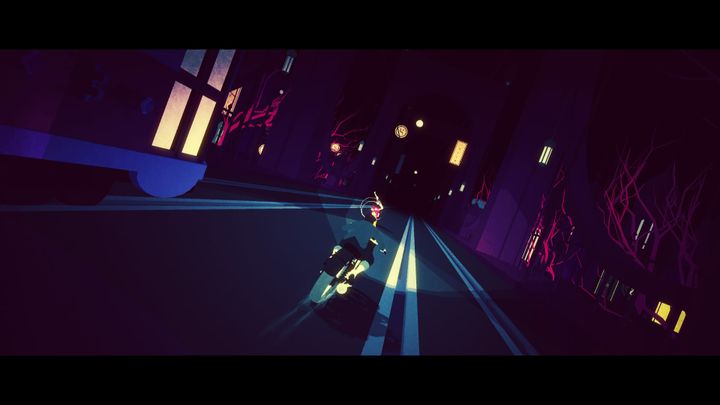 An in-development screenshot from Sayonara Wild Hearts shows the player riding a motorcycle at night.