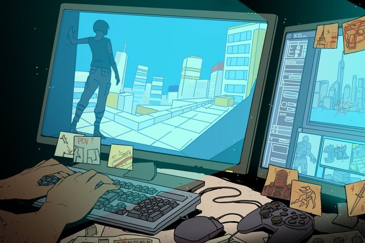 An original illustration shows a developer sitting at a desk and looking at two monitors, one showing Faith from Mirror's Edge and the other showing reference material.