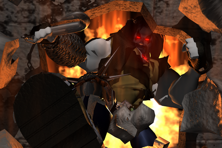 A CG render shows Lobo kicking through a stone wall, with flames roaring behind him.