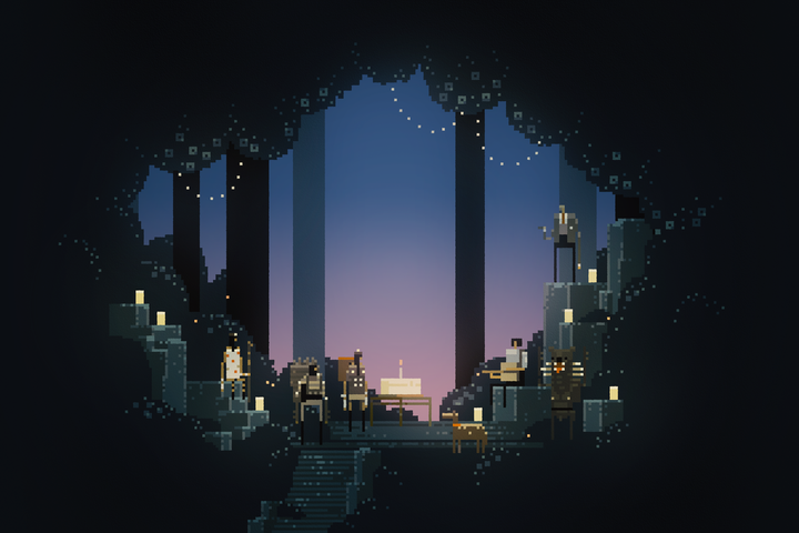 A pixel art illustration shows characters from Sworcery surrounding a birthday cake with a single lit candle.
