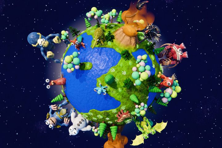 An original illustration shows various Spore characters standing on a planet and looking at the reader, like animals trapped in a zoo.