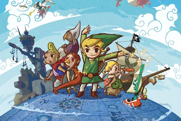 Official Wind Waker HD artwork shows Link conducting music with a wand while standing alongside a group of friends on a globe.