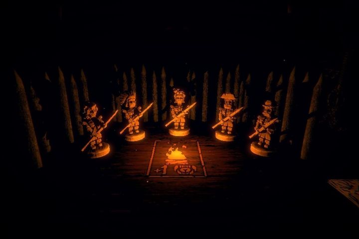 An Inscryption screenshot shows five statues facing the player in a dark room.
