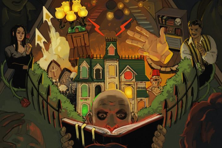 An original illustration shows players crowding around an Addams Family pinball game, indicating its popularity.