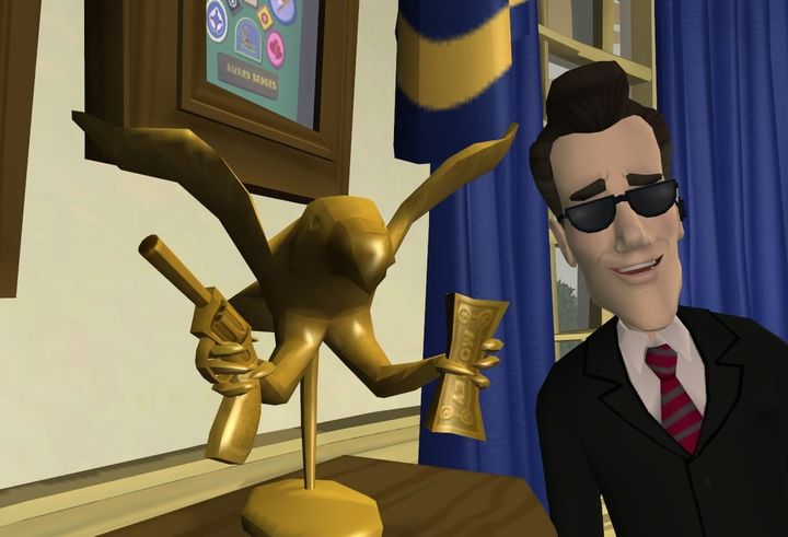 A Sam & Max Season One screenshot shows a secret service agent standing next to a golden statue of an eagle holding a gun and a stack of money.