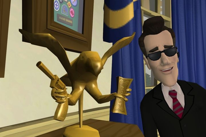 A Sam & Max Season One screenshot shows a secret service agent standing next to a golden statue of an eagle holding a gun and a stack of money.