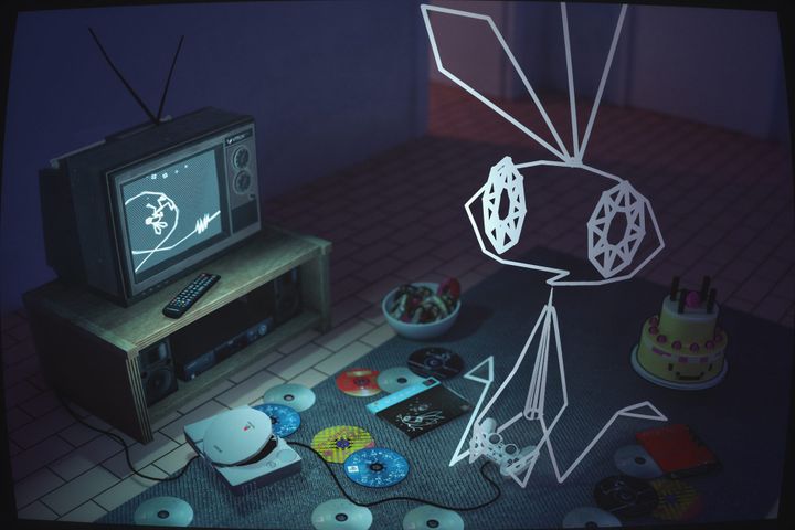 An original illustration shows Vib-Ribbon's main character, Vibri, breaking the fourth wall and playing her own game.