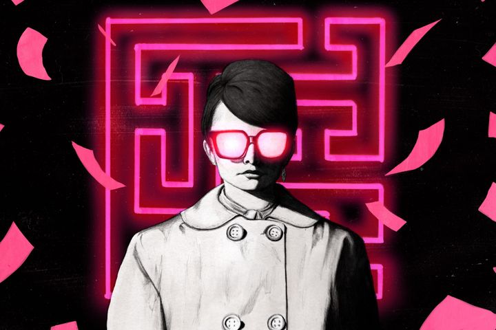 An original illustration shows Lorelei standing in front of a puzzle grid, surrounded by papers floating in the air.