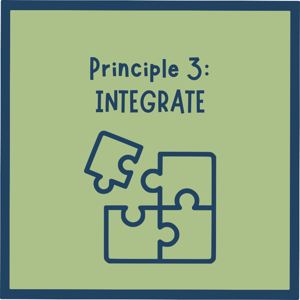 Square graphic with a green background featuring a puzzle piece icon and the text "Principle 3: INTEGRATE."