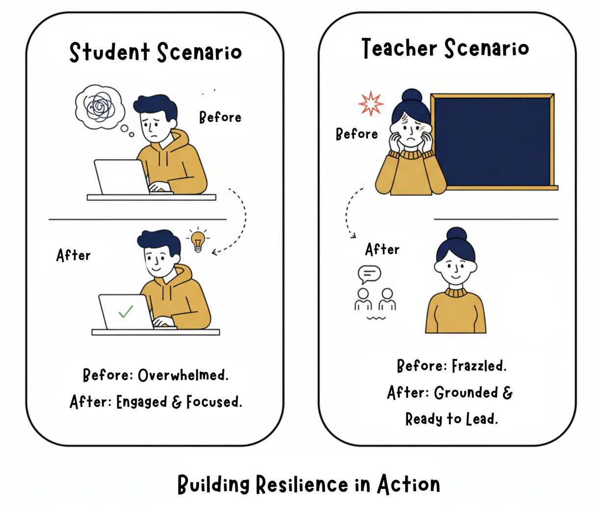 Two side-by-side diagrams. On the left, a figure initially appears slumped and frustrated while looking at a long to-do list, then is shown standing upright and energized after completing it. On the right, a figure transitions from a slumped, distressed posture to a tall, confident, and empowered pose.