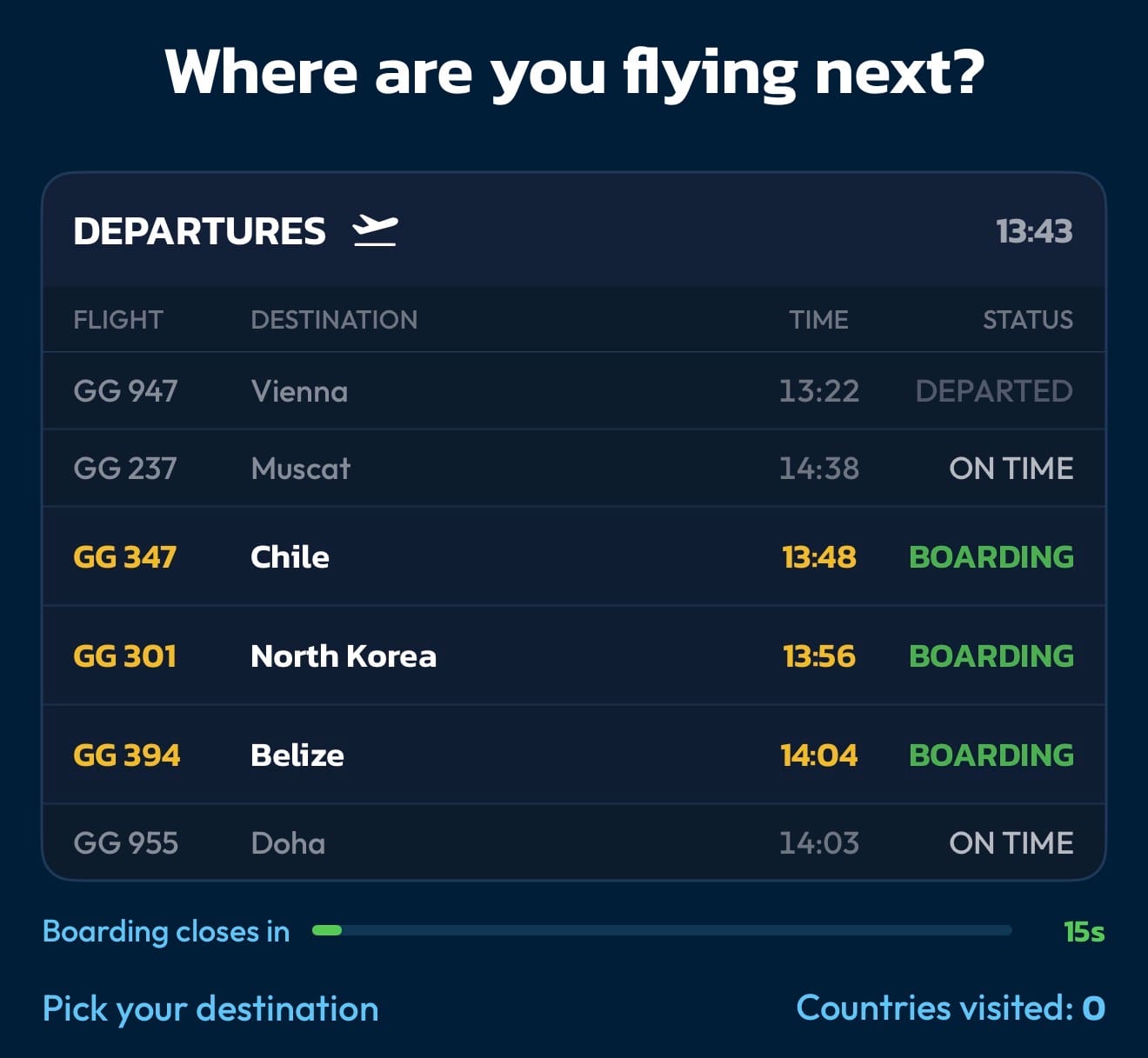 Destination Board screen