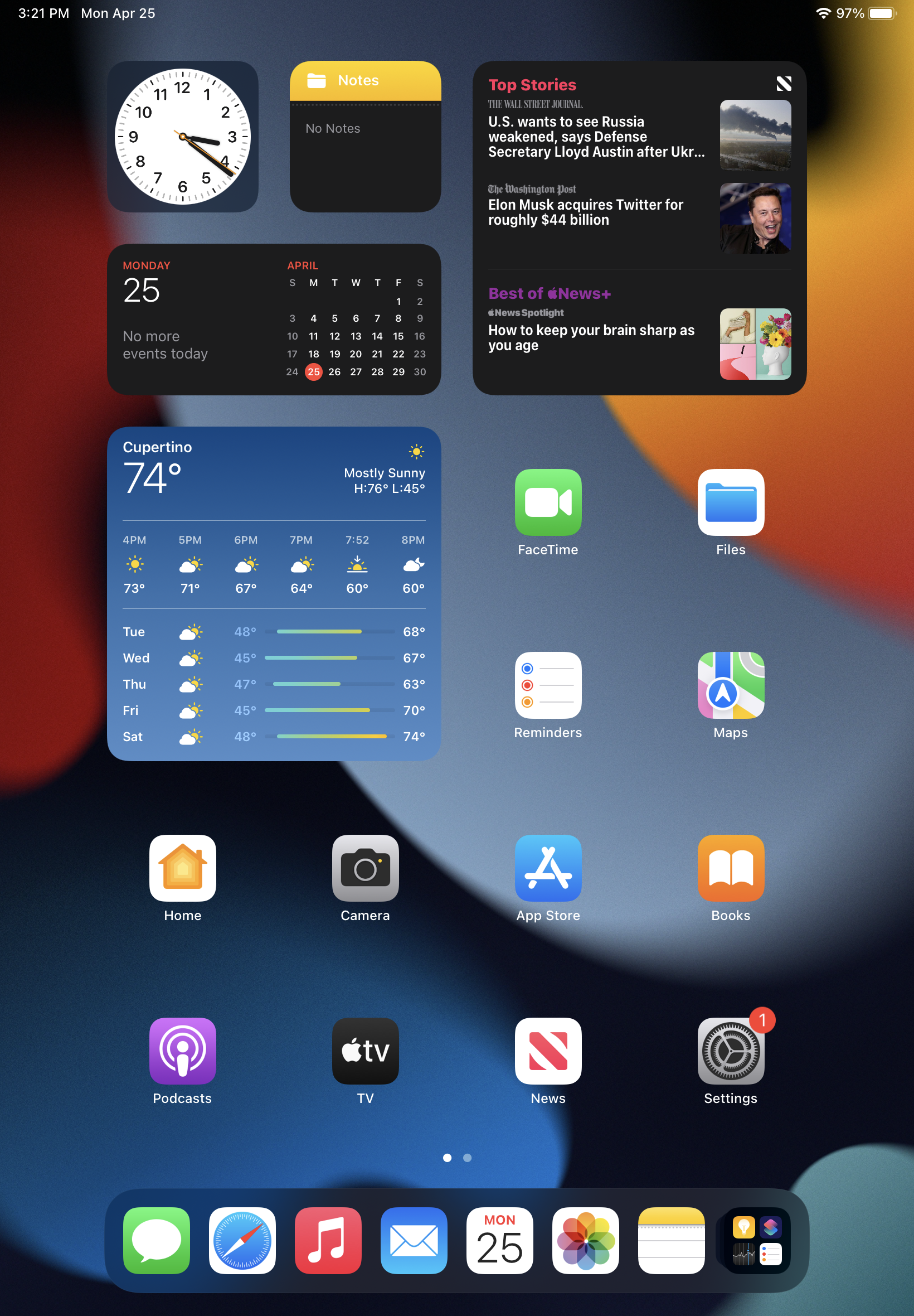 iPad home screen upon using it for the first time. Widgets are everywhere.