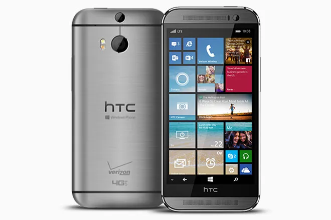 Picture of the front and back of an HTC One Windows Phone.