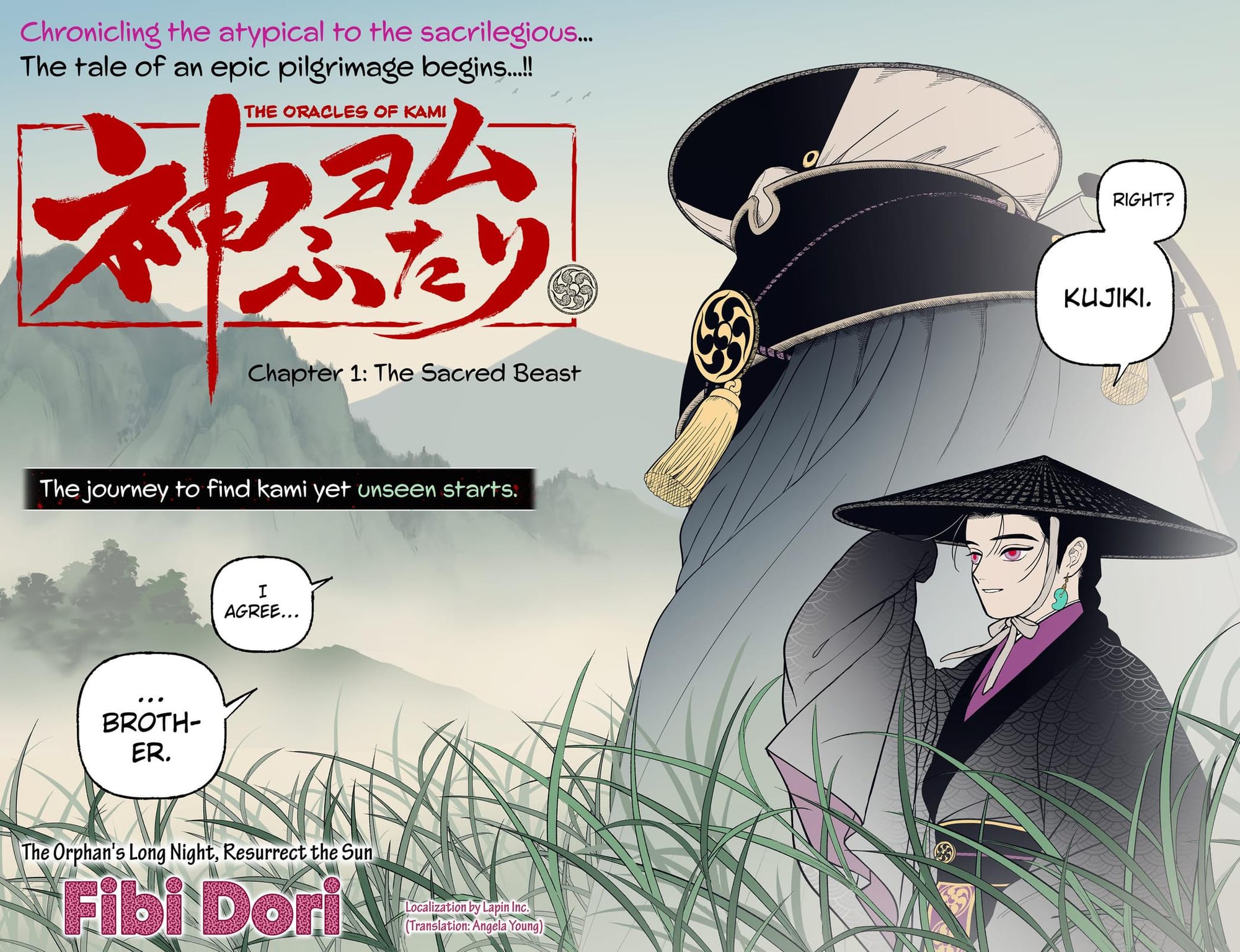 A colour title page for the manga "The Oracles of Kami". In the foreground, a young man wearing a black straw hat and a green jade earring looks out over tall grass. Behind him stands the massive, veiled figure of a companion. Misty mountains and a pale sky form the scenic background.