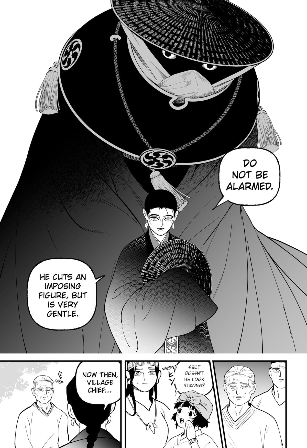 A black-and-white manga page featuring a large, imposing masked figure wearing a traditional wide-brimmed hat and a dark cloak. Standing in front is an elegant young man in a pattern-trimmed kimono holding a decorative fan. The bottom panels show surprised and curious villagers whispering to one another.