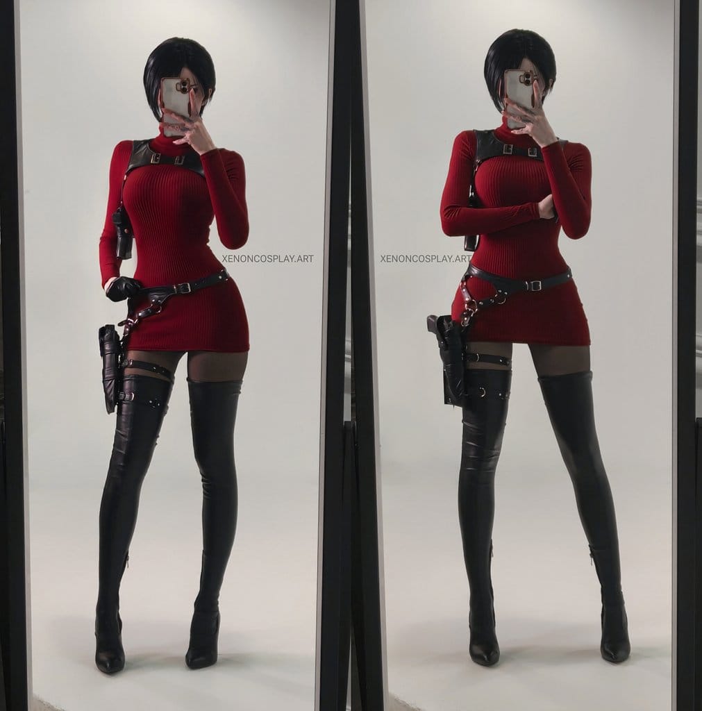 Xenon_we as Ada Wong from Resident Evil, red ribbed dress, thigh holster and black boots, double mirror selfie.
