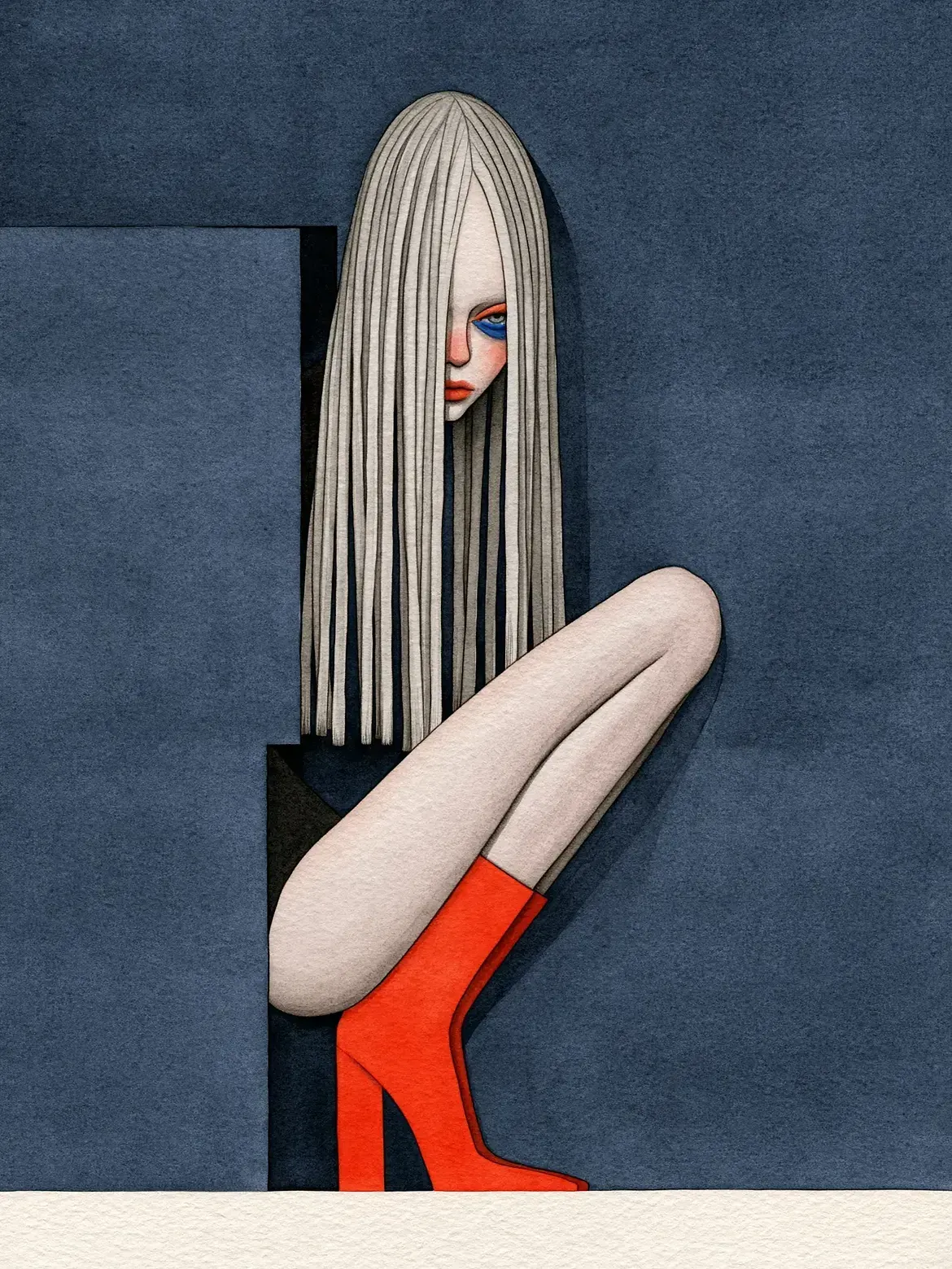 CTRL.ALT.SUPP — crouching in a cutout, one blue eye, red boots tucked under