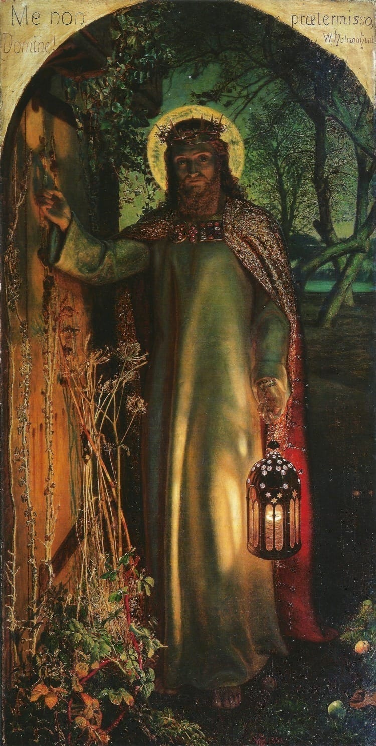 A Pre-Raphaelite painting of Jesus, holding a lantern and in the process of knocking on a door.
