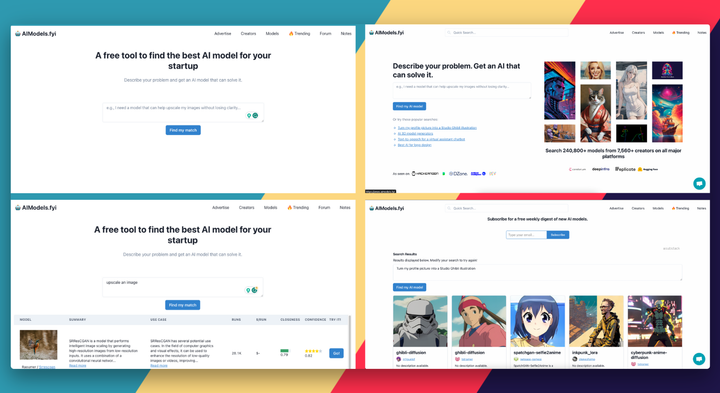 Before and after view of the landing and results pages for AIModels.fyi.
