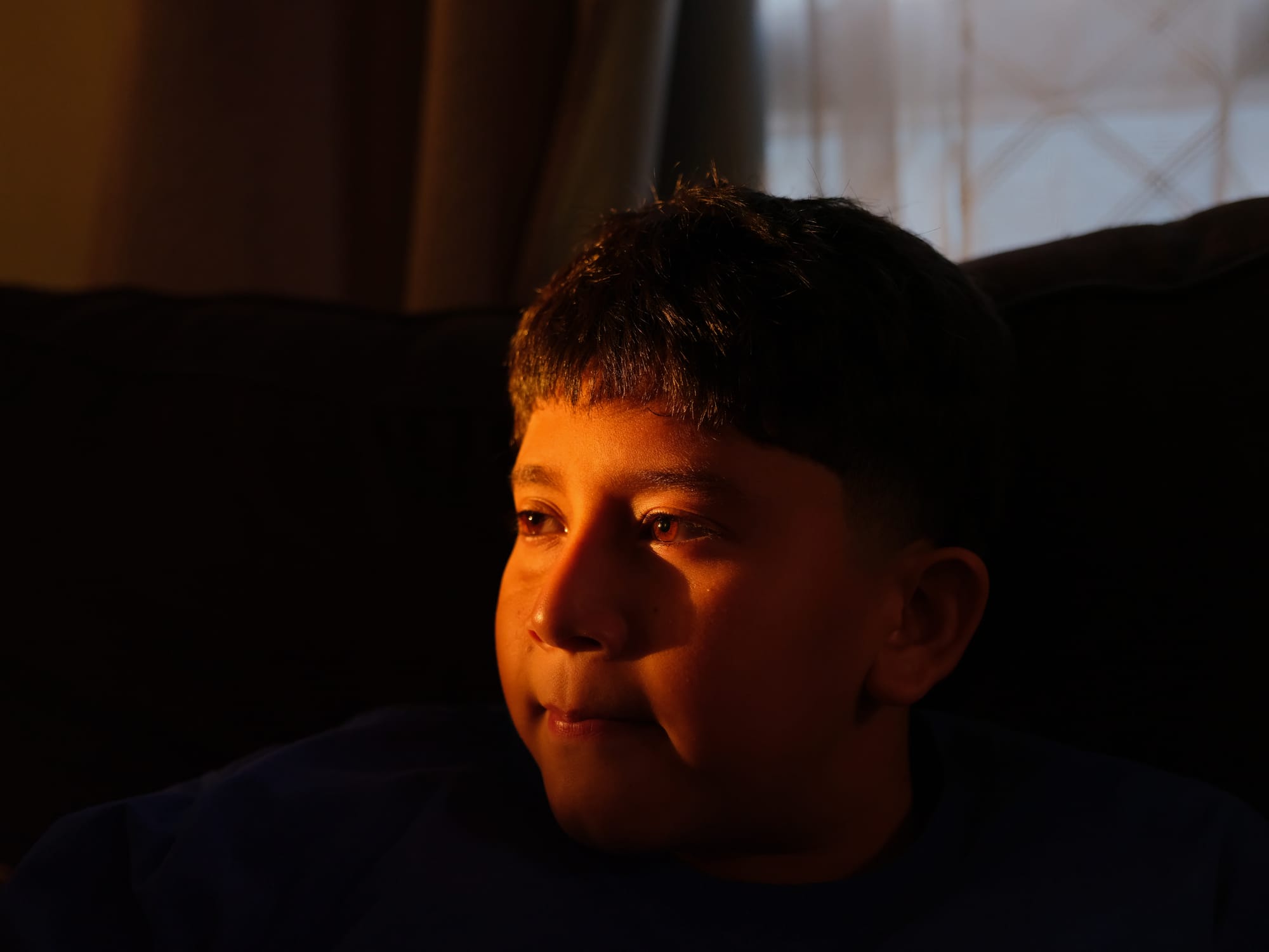 Young boy facing to the side, pictured from neck up, sitting in the golden light of the afternoon sun, surrounded by a dark shadow.
