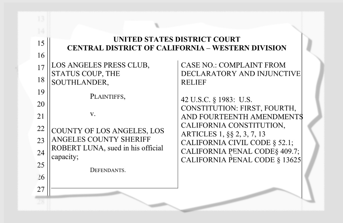 Cover page of a lawsuit showing the names of the parties, the court where it's filed in and the statutes cited.
